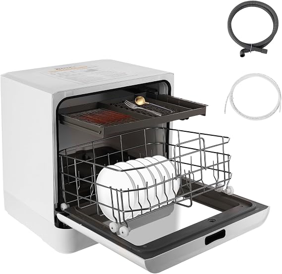 Table Dishwasher 800 W Dishwasher with LED Display Countertop Dishwasher with 4 Washing Programmes Mini Dishwasher Without Water Connection for Small Apartments Dormitories White [Energy Class A]