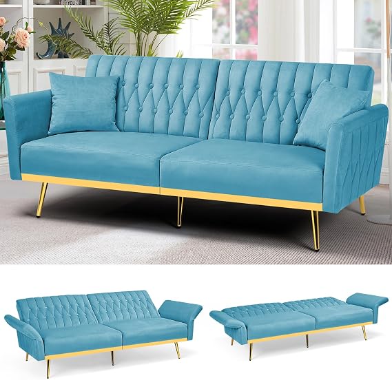 70 Velvet Futon Sofa Bed w/Adjustable Armrests, Baby Blue | Convertible Sleeper Bed w/Adjustable Backrests, Modern Loveseat Couch w/Two Pillows for Living Room, Bedroom