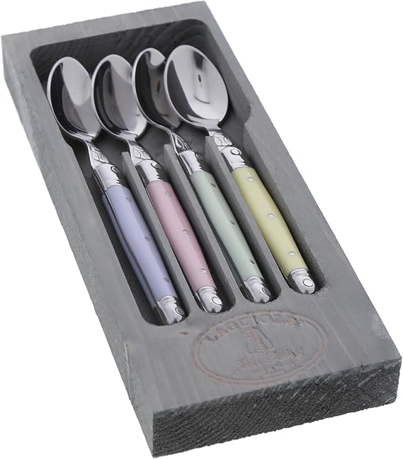 Jean Dubost Laguiole 4-Piece Coffee/Dessert Spoons, Pastel Handles - Rust-Resistant Stainless Steel - Includes Wooden Tray - Made in France
