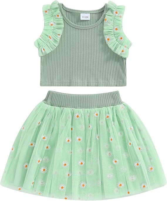 Toddler Baby Girl Skirts Outfit Ruffle Sleeveless Tank T-Shirt Tops Daisy Tutu Skirts Summer Clothes 1T 2T 3T 4T