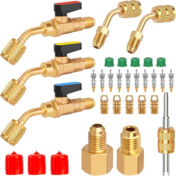 WADEO 31PCS Air Conditioning Refrigerant Angled Ball Valve 1/4 Inch for R410A R134A R12 R22 Refrigerant with R410A Adapter for Mini Split System