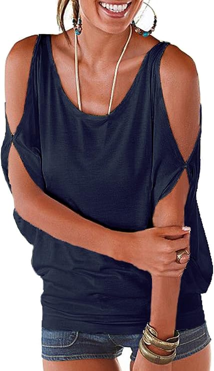 Miselon Womens Cold Shoulder Tops Short Sleeve Loose Summer Shirts Blouse