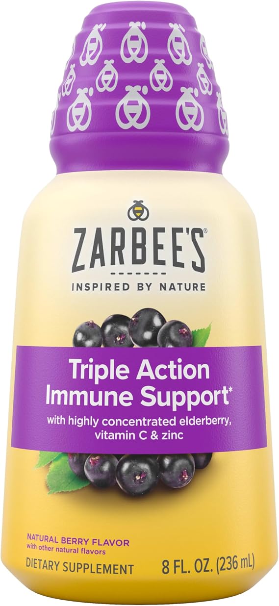 Zarbee's Adult Daily Immune Support Liquid, Vitamin C & Zinc, 8 fl oz | For Adults & Kids Ages 12+ Years, High Concentrate Liquid, Black Elderberry Flavor, For Daytime Use