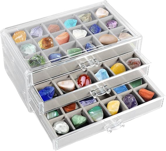 Rock Display Case, 3 Drawers Rock Collection Box, 54 Grids Rock Collection Display Case, Clear Crystals Display Case, Rock Storage Case, Rock Collection Boxes Display Organizer for Kids Rocks