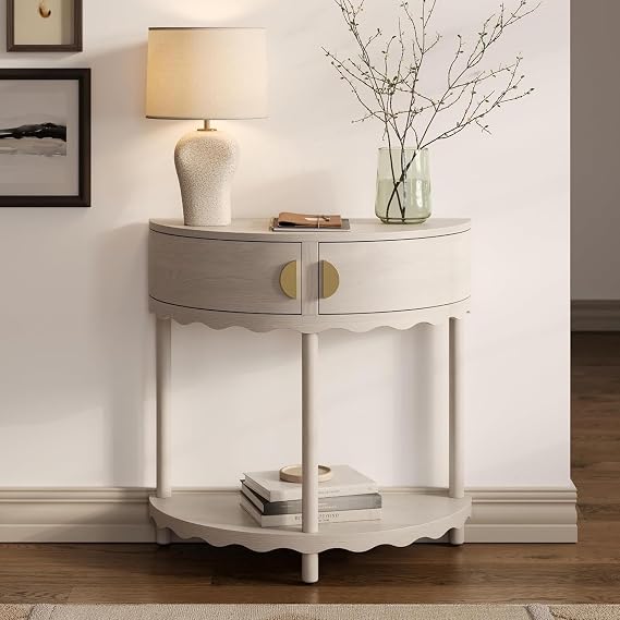 Stead Scalloped Skirt Half Moon Table, Half Round Console Table, Small Entryway Desk with Storage for Narrow Spaces, Modern Home Decor, Living Room Furniture, Solid Wood with Two Doors