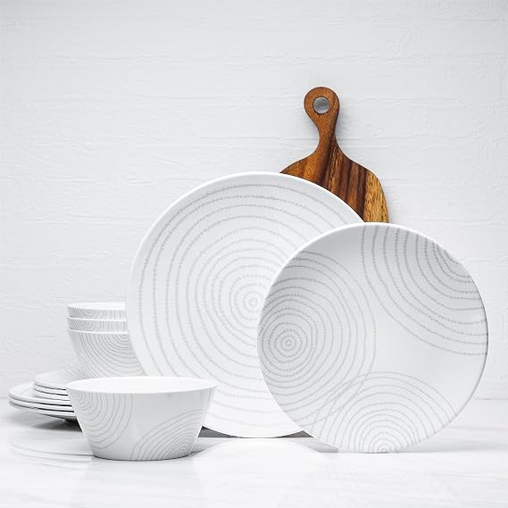 BPA-Free Dishwasher Safe 100% Melamine Plastic Plate & Bowl Set Casual dining Indoor and Outdoor Dining Party (12 PCS Dinnerware set, Service for 4, white planet)