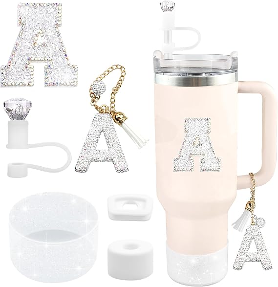 6PCS White for Stanley Cup Accessories Set 30/40 OZ Silver Bling Rhinestone Initials Charms for Stanley Decorations Tumbler Accessories Including Diamond Straw Topper, Spill Stopper(Letter K)