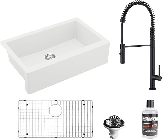 Karran All-in-One Apron Front/Farmhouse Quartz 34-in Single Bowl Kitchen Sink in White with Faucet KKF220 in Matte Black