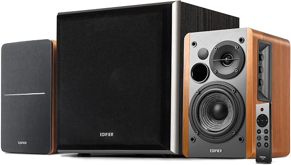 Edifier R1280DBs Active Bluetooth Bookshelf Speakers with T5 8-Inch Powered Subwoofer Bundle - 2.0 Wireless Studio Monitor Speaker Set with Optical Input Wood Grain