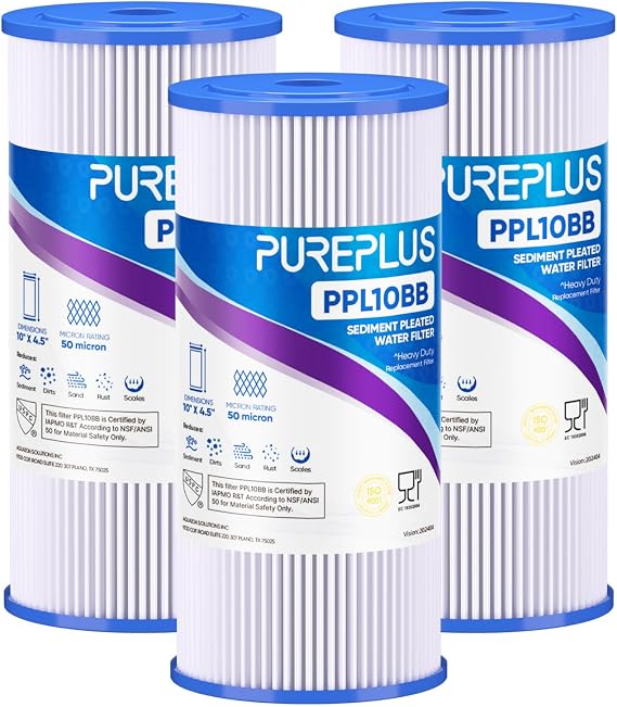 PUREPLUS 50 Micron 10"x4.5" Whole House Pleated Sediment Filter, 3 Pack