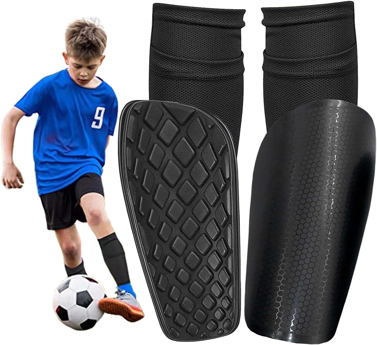 Football Shin Pads for Kids, Youth & Adults with Non-Slip Insert Pocket and Calf Sleeves, Protective Equipment for Soccer, Suitable for Boys & Girls Age 5-12