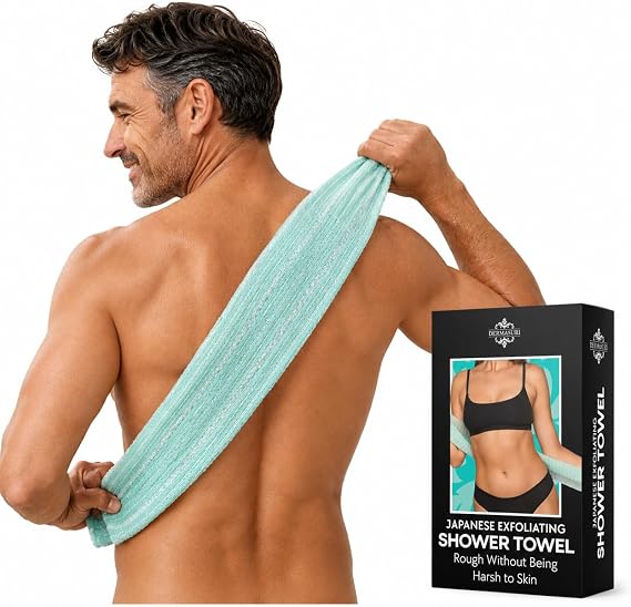 Dermasuri Japanese Exfoliating Washcloth, Body & Back Scrubber, 36 in | Extra-long Exfoliating shower towel, loofah exfoliator removes dry dead skin, quick-dry daily washcloth for all skin types