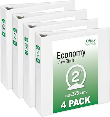 Office Essentials Economy View 3 Ring Binders, 2 Round Rings, 2.8 Spine, 375-Sheet Capacity, White Binders 4-Pack of 03146