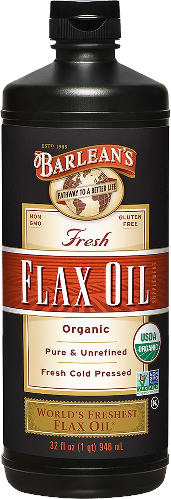 Barlean's Organic Flaxseed Oil, 7640mg ALA Omega-3, Cold-Pressed, 32oz | Fresh cold-pressed flax seeds, ALA omega 3-6-9, Vegan, Non-GMO, Gluten-free, Unrefined, 32 oz value size, Heart & skin
