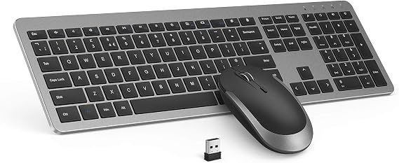Wireless Keyboard and Mouse Set, seenda Ultra Slim Quiet USB Wireless Keyboard and Mouse Full Size QWERTY UK Layout with Numeric Keypad for Windows PC, Laptop, Computer, Black and Grey
