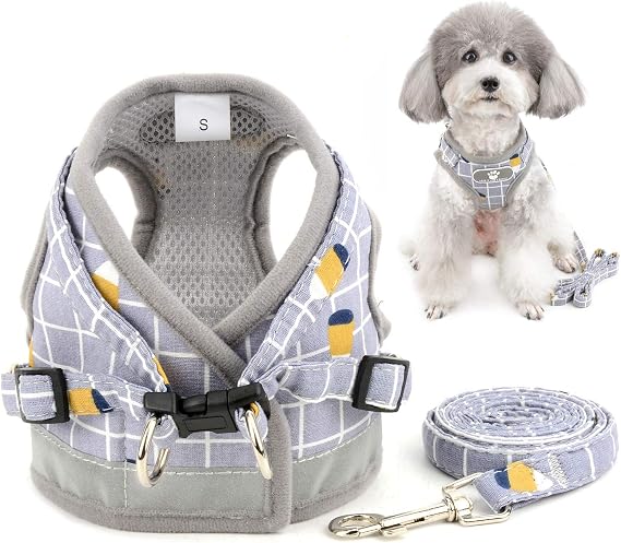 Zunea No Pull Small Dog Harness and Lead Set Adjustable Reflective Step-in Chihuahua Vest Harnesses Mesh Padded Plaid Escape Proof Puppy Jacket for Boy Girl Pet Dogs Cats Gray S