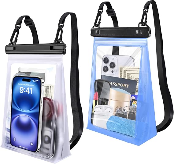 PEDVSTY 2 Pack Large Floating Waterproof Phone Pouch [with Sealing Strip] Bundle,Cell Phone Waterproof Dry Bag Case, Clear White+Blue
