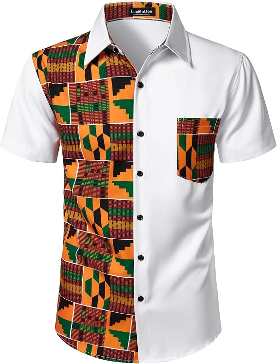 LucMatton Men's African Short Sleeve Button Down Dress Shirt | Kente Print, Africa Attire, Tribal Graphic, Dashiki Shirts