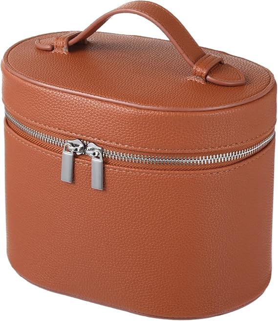 Makeup Vanity Bag for Women - Large Capacity Cosmetic Organizer with Removable Liner, Waterproof PU Leather Skincare Bag, Portable Chic Cosmetic Make Up Case for Skincare, Brushes, Accessories, Brown
