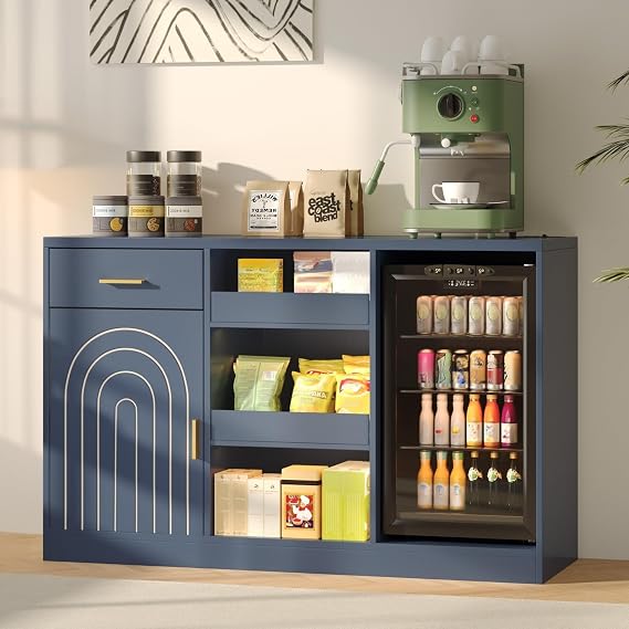 Snack Bar Cabinet with Mini Fridge Space, Mini Fridge Cabinet with Storage, Coffee Bar Cabinet with Drawer, Power Outlets, Snack Organizer with LED Lights for Home, Movie Room, Game Room (Blue)