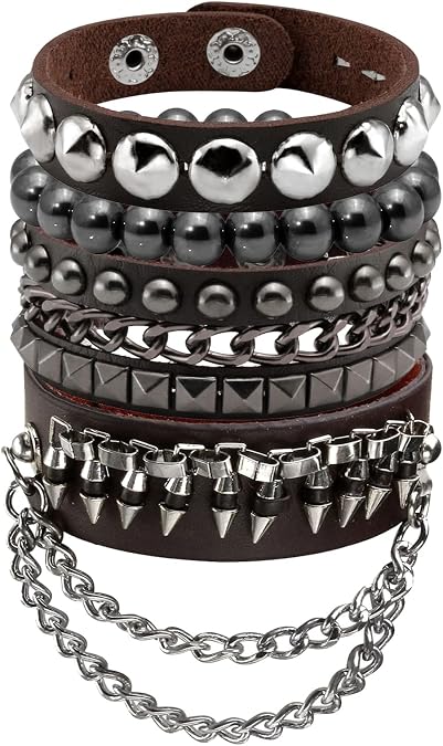 Eigso Punk Leather Cuff Bracelets for Men Women 80s Retro Hematite Rock Spikes Metal Cuff Wristband Set Adjustable for Man Woman