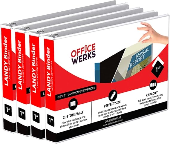 4 Pack of 8.5" X 11" Landscape View Binder, 3-Ring 1-Inch Capacity Round Ring, White Horizontal Formatted with Clear Cover Pockets, Perfect for Documents, Spreadsheets, Projects and More