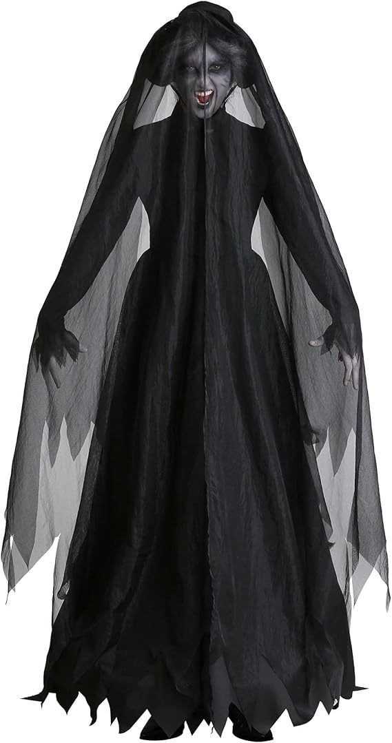 Ghost Bride Dress for Women Vampire Black Costumes Halloween Costume Witch Black Dress Veil Hat 3PCS