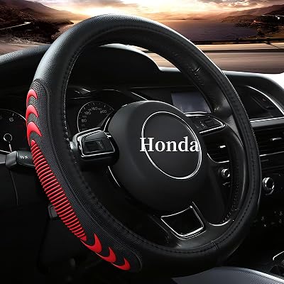 Leather Steering Wheel Cover for Honda Civic Accord CR-V, 14.5-15 inches Car Steering Wheel Cover with Anti-Slip Massage Particle Red