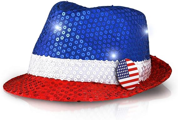 FlashingBlinkyLights Red White & Blue Sequin Light Up LED Fedora Hat