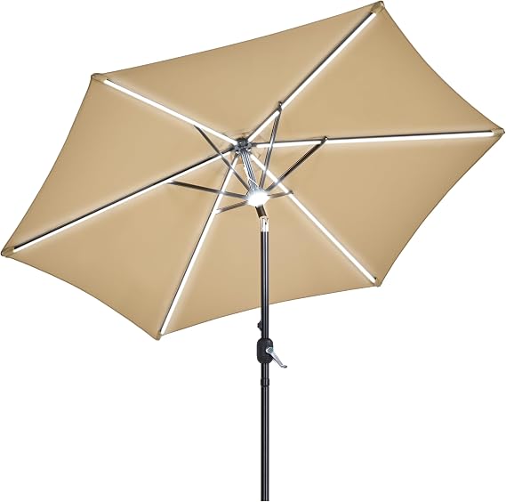 Yaheetech 9FT Solar Lighted Patio Umbrella Large Outdoor Umbrella with Strip Lights & Hub Light, LED Table Market Sunshade w/Crank & Tilt for Courtyard Deck Beach Pool, Tan