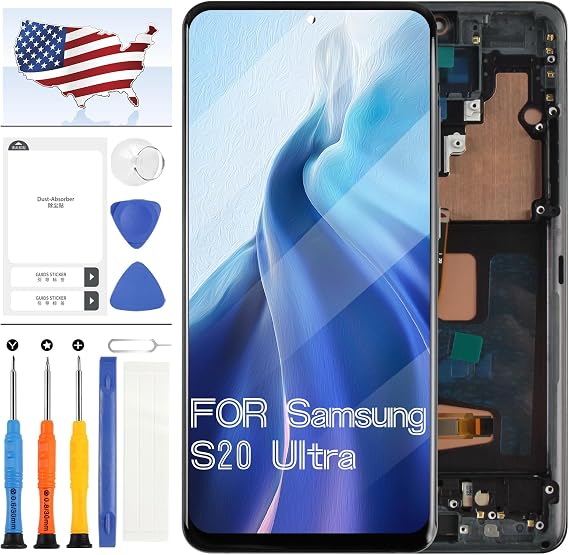 OLED for Samsung Galaxy S20 Ultra 5G Screen Replacement with Frame for Samsung G988 G988U G988U1 G9880 LCD Display Touch Screen Digitizer Glass Assembly with Tool (Black with Fingerprint Function
