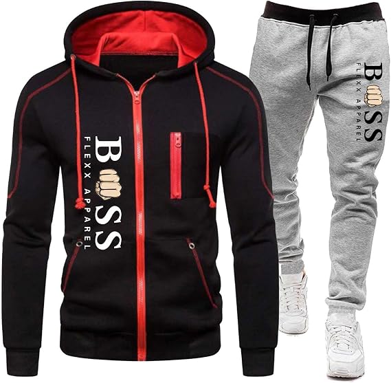 Mens Tracksuit Sets Letter Print Full Zip Jogging Sports Gym Suit | 2 Piece Athletic Sweatsuits, Hooded Sweatshirt and Sweatpants, Top and Bottom Jogging Suit Set, Casual Outfits with Pockets