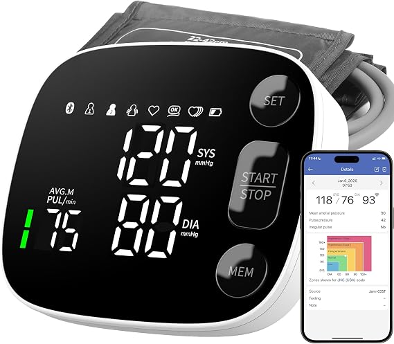 Oklar Blood Pressure Monitor Bluetooth Upper Arm BP Machine for Home Use | FDA-Cleared, Clinical Accuracy, App Sync, 2x120 Memory, Large LED Backlit Display, 8.7-16.5" Adjustable Cuff with Storage Bag