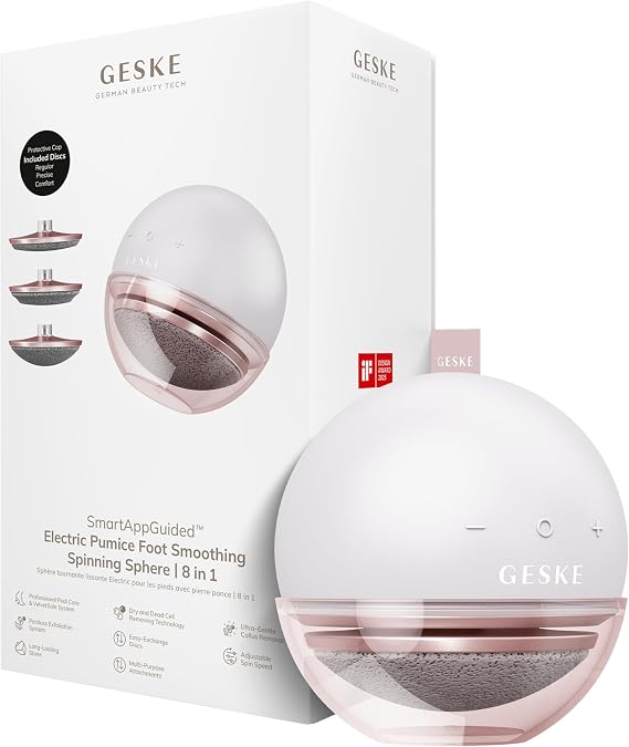 GESKE Electric Pumice Foot Smoothing Spinning Sphere | 8 in 1 | Electric Foot File & Exfoliator | 3 Pumice Stone Attachments | for Smooth Feet | Advanced Callus Removal |for Your Pedicure Set
