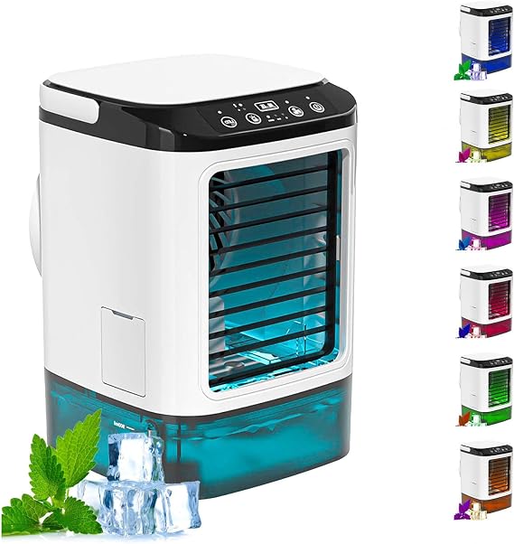 With Ice Box Portable Cooler Fan, Car AC 3 Speeds and 7-Color LED Ventless Portable Air Conditioners Portable Cooler Fan