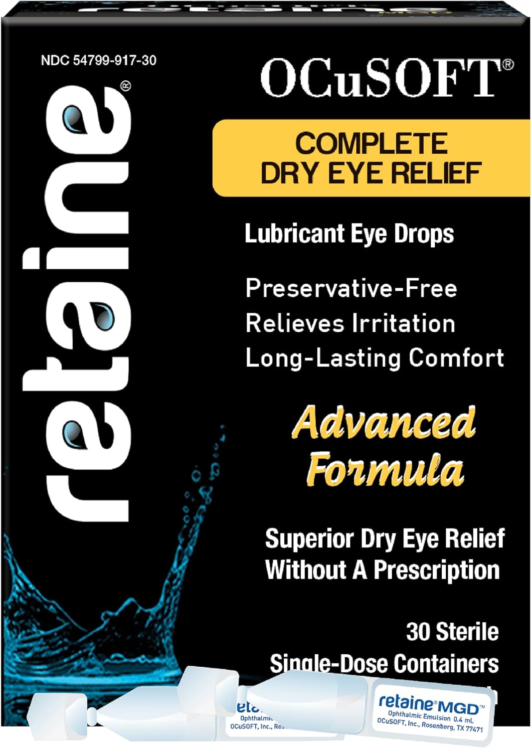 OCuSOFT Retaine MGD Ophthalmic Emulsion - Complete Dry Eye Relief - Soothes Red &amp;amp;amp; Irritated Eyes - 30 Count Preservative-Free Single-Use Containers - 0.01 Fl Oz