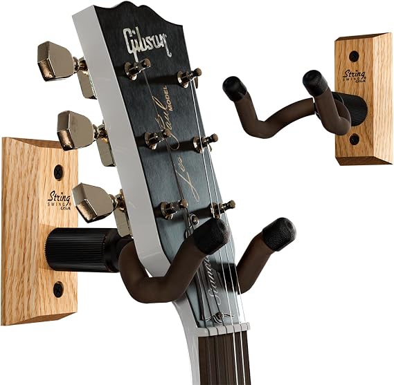 String Swing Guitar Hanger - Holder for Electric Acoustic and Bass Guitars - Stand Accessories Home or Studio Wall - Musical Instruments Safe Without Hard Cases - Oak Hardwood CC01K-O 2-Pack