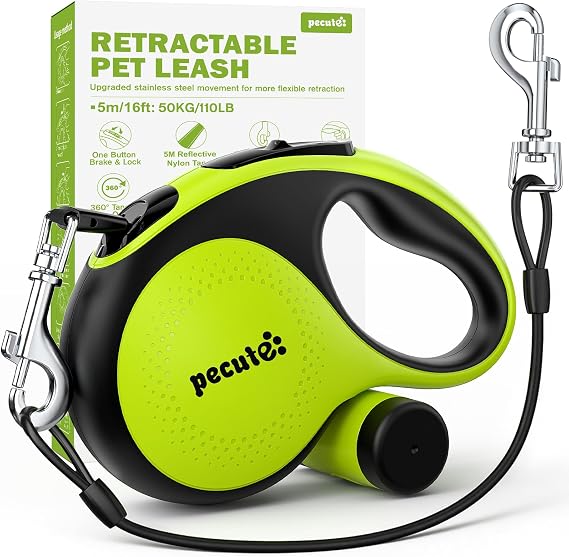 5M Retractable Dog Lead with Chew-proof Cable, One-Button Control & Tangle-Free, Sturdy Nylon Lead with Reflective Strips, Ergonomic Handle, Extendable Dog Lead for Medium Large Dogs Up to 50 kg