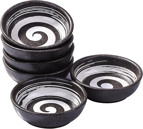 Japanese Porcelain Side Dish Set of 6, 3.7'' Dipping Sauce Bowls (Black)