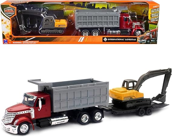New Ray Toys International Lonestar, Dump Truck w/Excavator 1:43 Scale 18" DIECAST 16623 RED