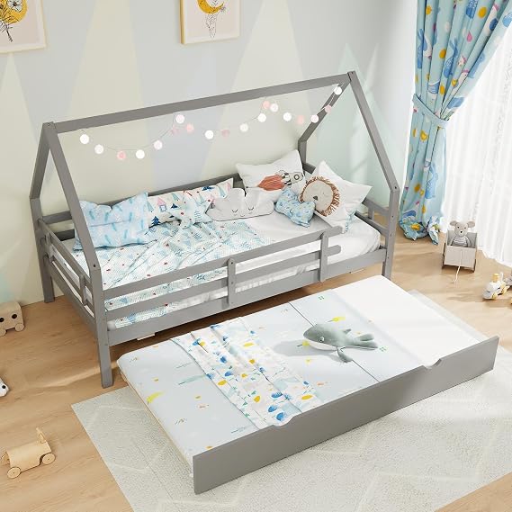 Twin House Bed with Trundle, Roof & Safety Guardrail