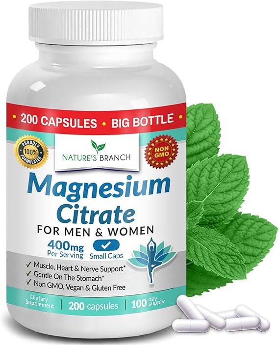 Magnesium Citrate Supplement for Sleep, Relaxation & Muscle Support 400mg High Absorption Magnesium Capsules for Women & Men Vegan, Non-GMO, Easy to Swallow Small Capsules 200 Capsules