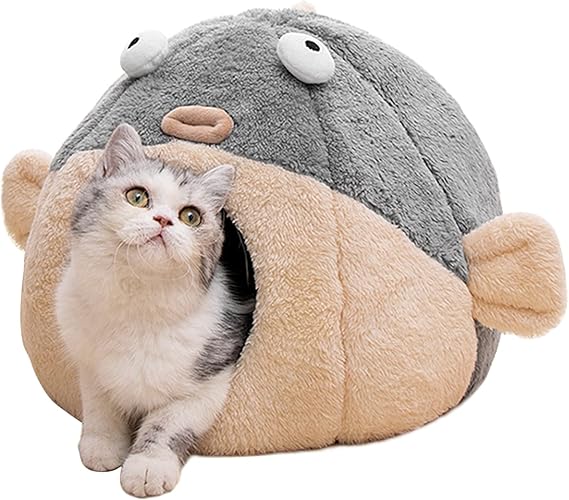 Cat Beds for Indoor Cats-Cat Bed Cave,Cute Lively Pufferfish Shape,Grey M