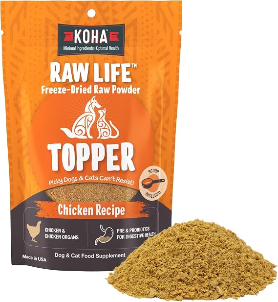 KOHA Raw Life Freeze-Dried Raw Topper Chicken, for Dogs and Cats, High Protein Meal Topper for Picky Eaters with Probiotics, 8oz Bag
