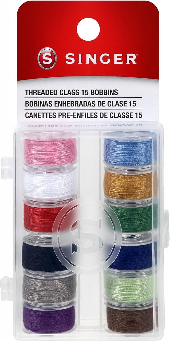 SINGER 21495 Class 15 Threaded Bobbins, Transparent, Assorted Colors, 12-Count