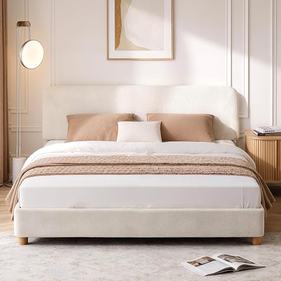 King Size Boucle Bed Frame, Upholstered Cloud Bed, Cream White Platform Bed