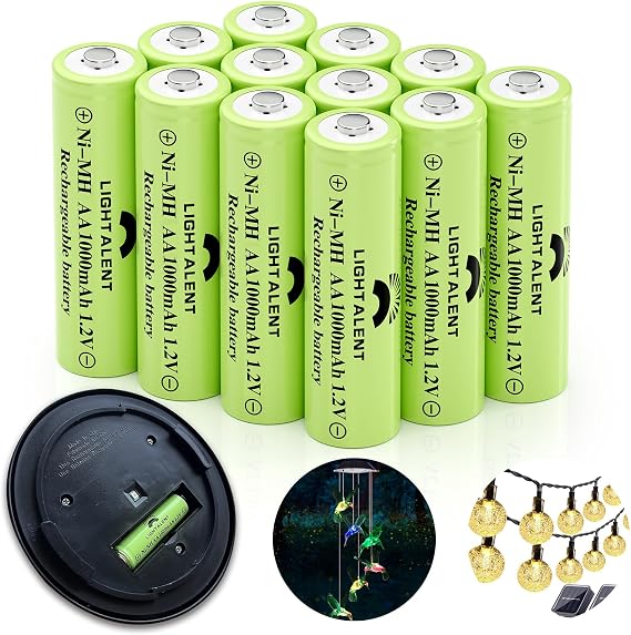 Lightalent Rechargeable Solar AA 1000mAh Batteries for Outdoor Solar Lights | 12-Pack, 1000 Cycles, Ni-MH 1.2v Pre-Charged Double AA Battery for Garden String Step Pathway Light, Toys