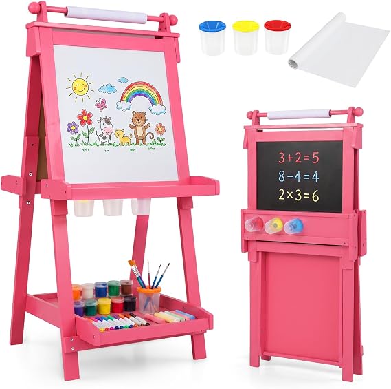 OLAKIDS Easel for Kids, 3 in 1 Adjustable Painting Art Board, Foldable Double-Sided Wooden Drawing Chalkboard Magnetic Whiteboard with Paper Roll, Storage Rack, Cups for Boy Girls (Pink)