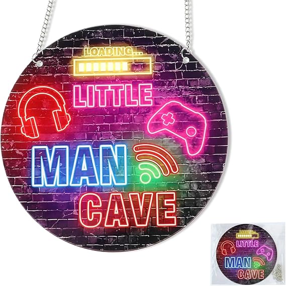 Neon Little Man Cave Gaming Sign, Wooden Door Mount, Contemporary Style, Multicolor, 12x6 inches