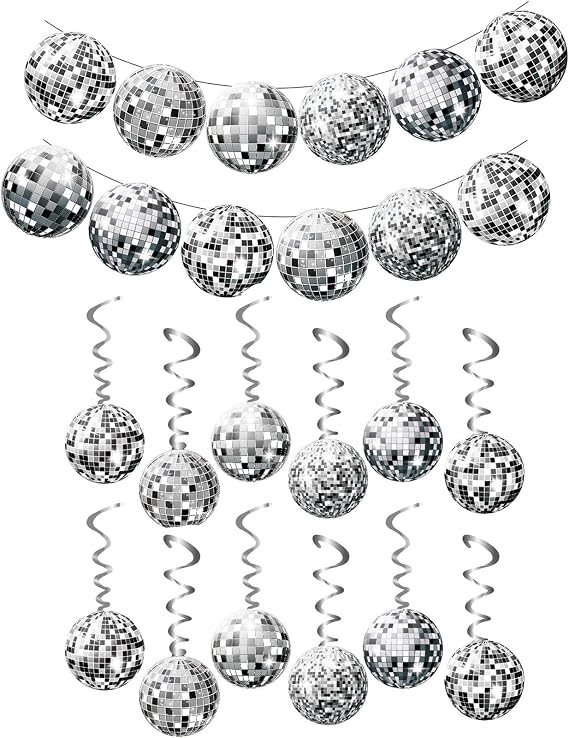 36 Pcs Set Disco Ball Decorations, Disco Party Decor 70s Disco Ball Hanging Swirls Disco Party Hanging Streamer Silver Ceiling Decor for Christmas Tree Wedding Dance Music Stage